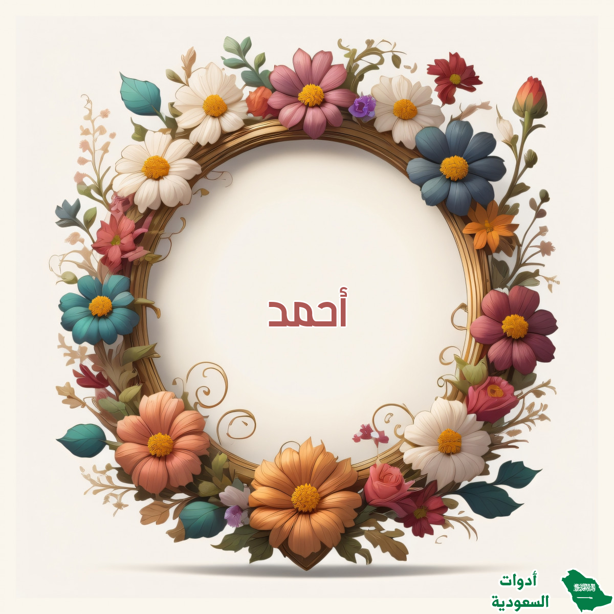 اسم أحمد على صورة ضمن خدمة كتابة اسم داخل إطار من الزهور