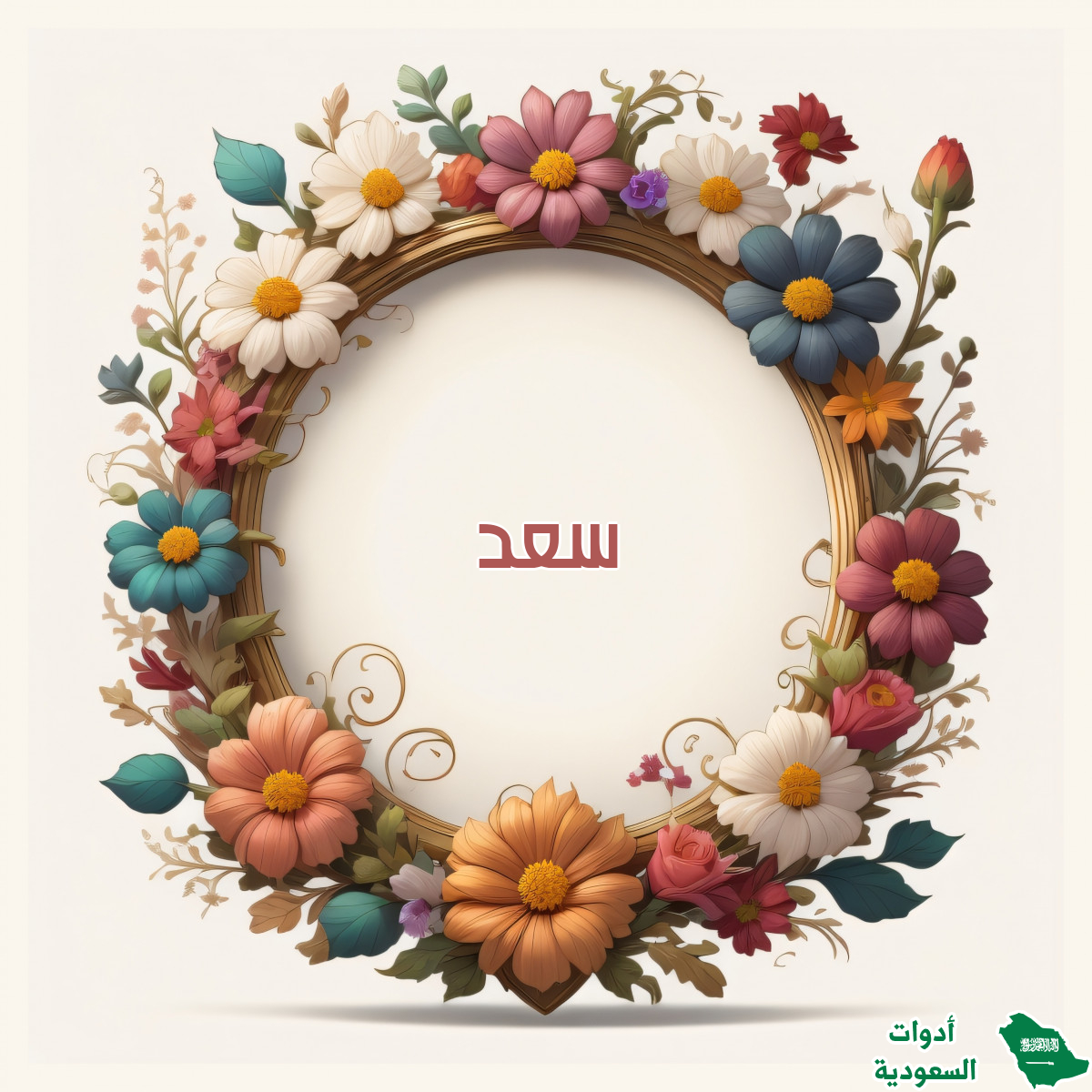 اسم سعد على صورة ضمن خدمة كتابة اسم داخل إطار من الزهور